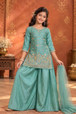 Sea Green Embroidered Palazzo Set with Dupatta For Girls