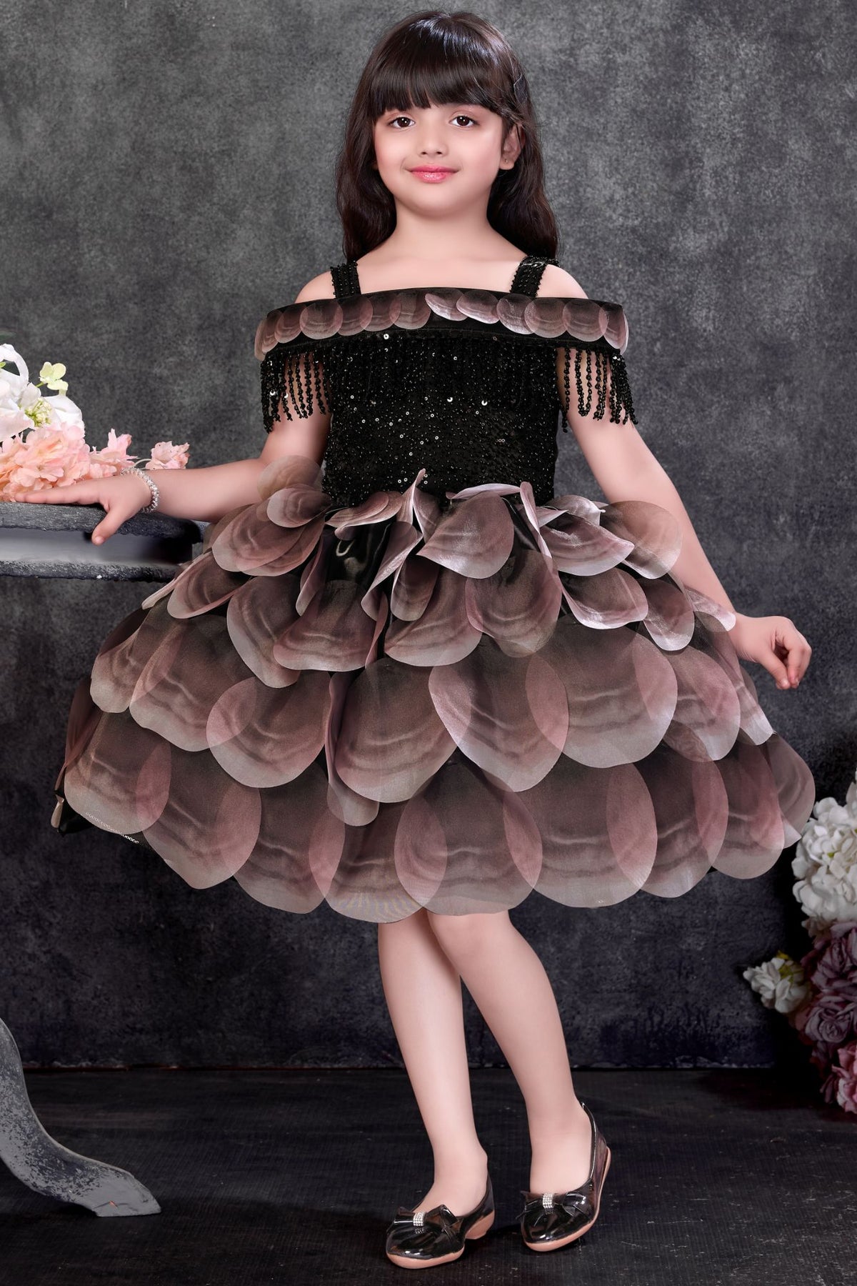 Girls Black Heavy Bead Embroidered With3D Floral Applique Party Dress