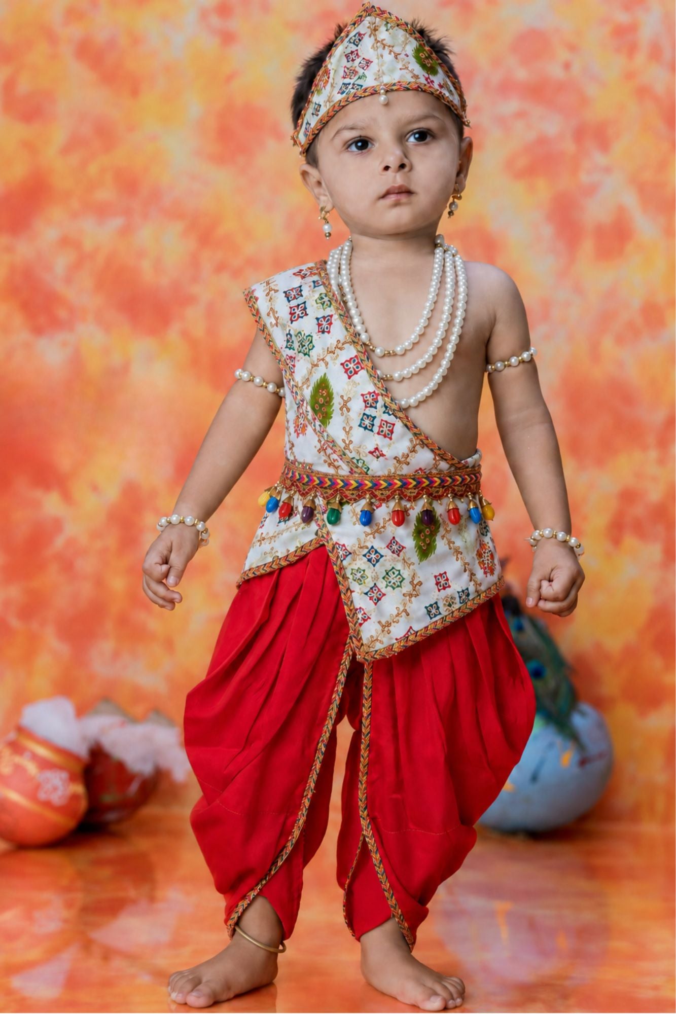 Boys Red Ethnic Geometric And Peacock Printed Krishna Dhoti Set with Accessories