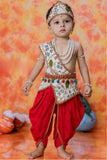 Boys Red Ethnic Geometric And Peacock Printed Krishna Dhoti Set with Accessories