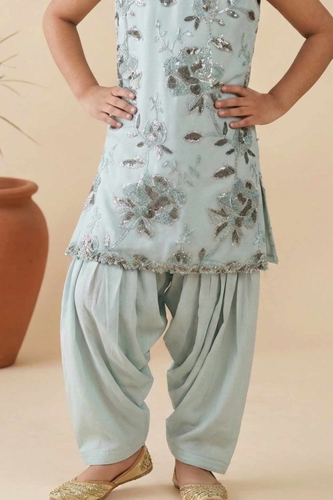 Ice Blue Floral Sequin Embroidered Patiala Set For Girls