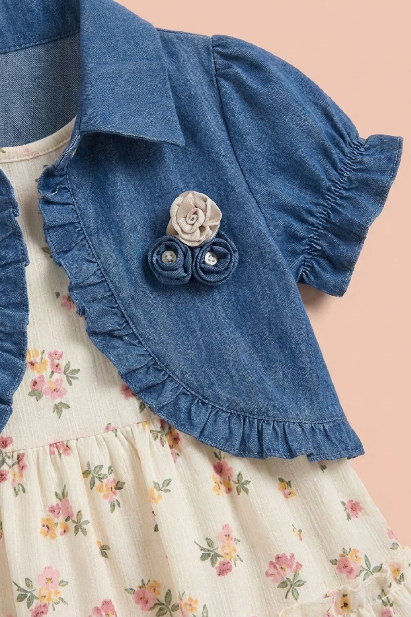 Girls Floral Printed Dress with Blue Denim Shrug