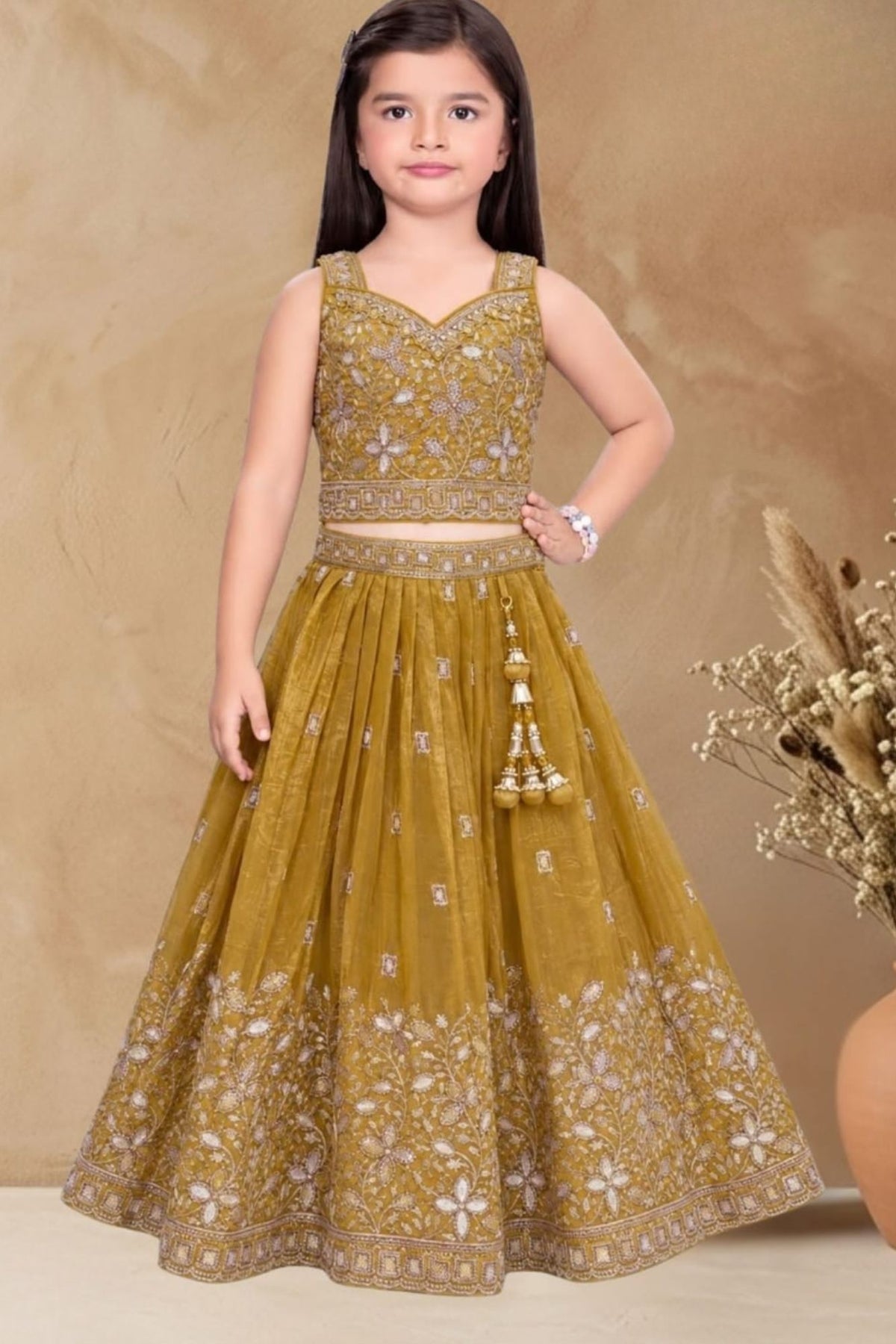 Girls Mustard Floral Embroidered Lehenga Choli Set With Dupatta