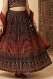 Brown Printed Crop Top with Pleated Lehenga and Dupatta For Girls