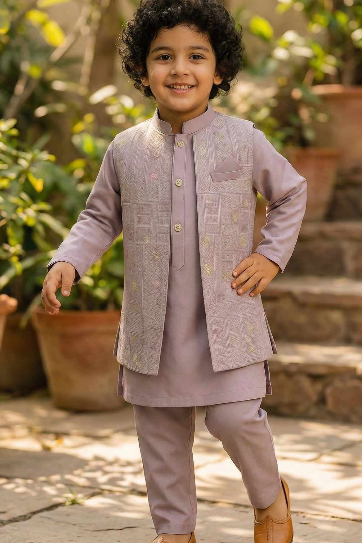 Lavender Kurta Set with Pastel Embroidered Nehru Jacket For Boys