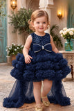 Girls Navy Blue Sequin High-Low Party Wear Frock