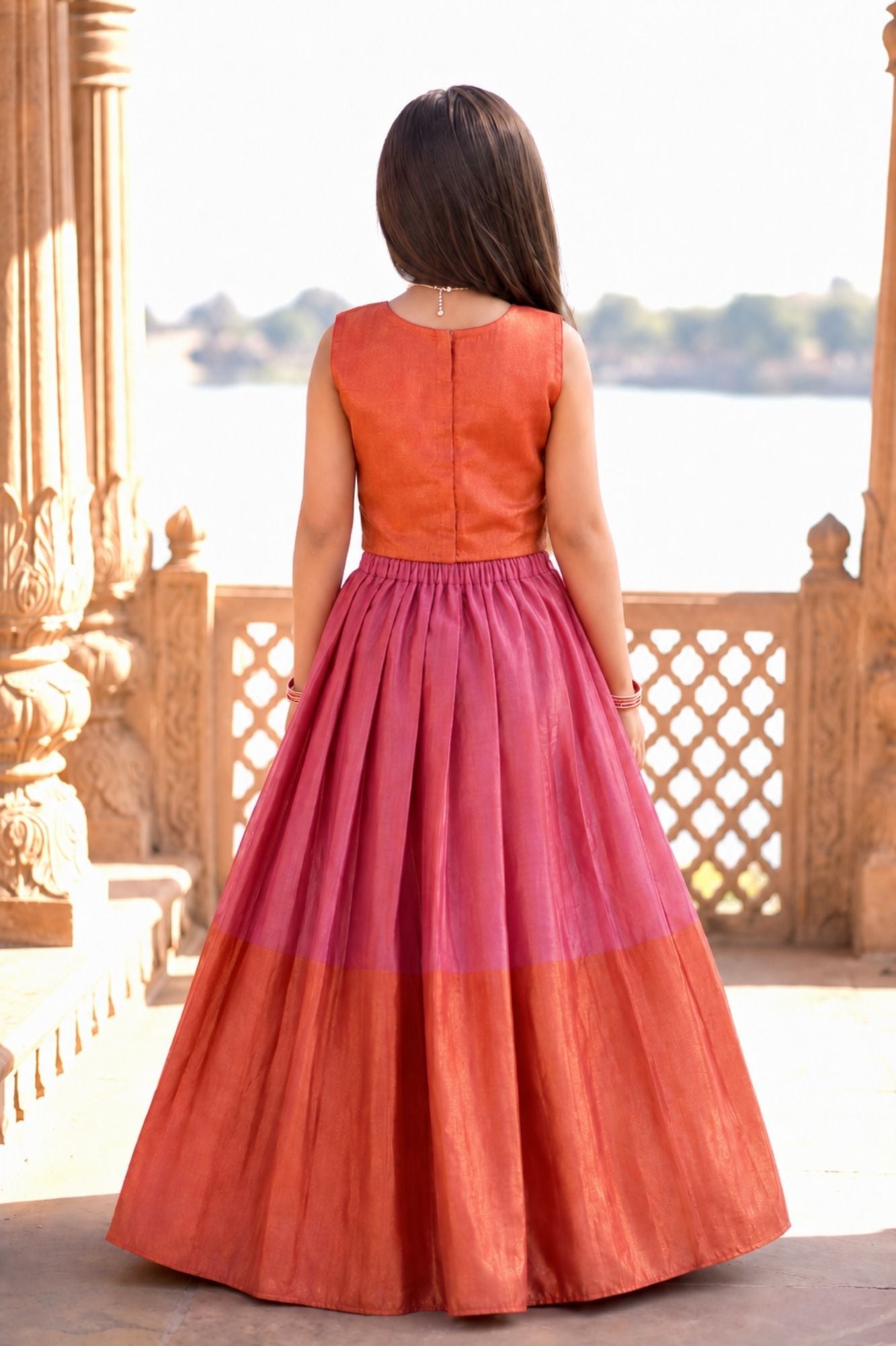 Rust & Pink Mirror Work Embroidered Lehenga Choli Set with Dupatta For Girls