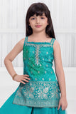 Rama Green Bandhani Brocade Mirror Work Palazzo Set with Dupatta For Girls
