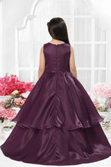 Wine Layered Party Wear Gown with Statement Bow Accents For Girls