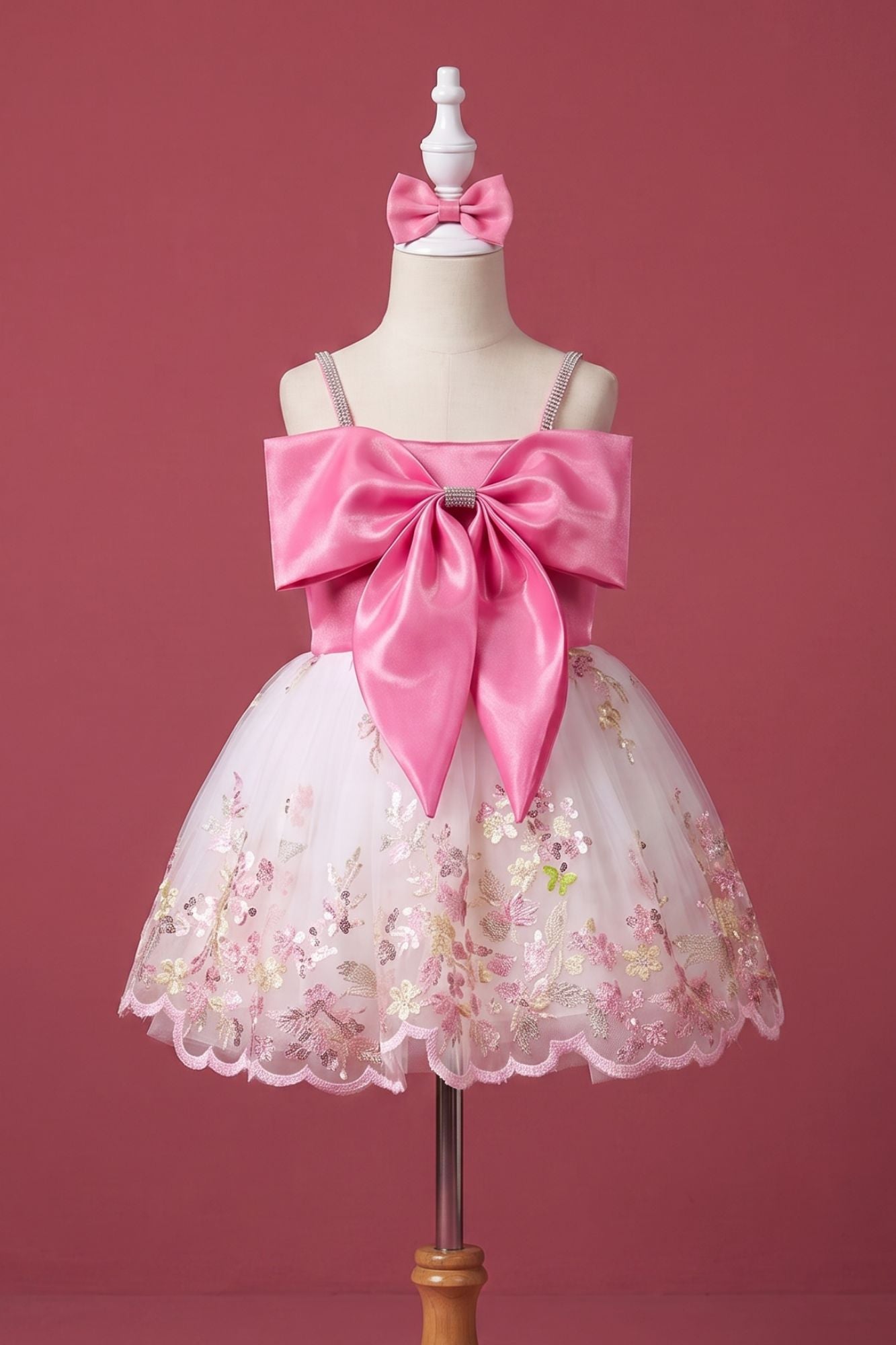 Pink Bow Embellished Party Frock with Floral Embroidery for Girls
