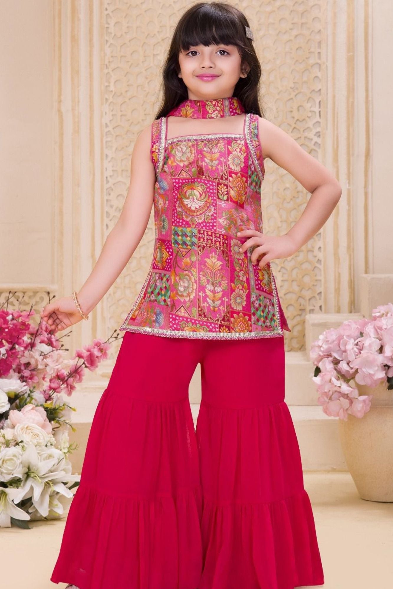 Rani Pink Embroidered Sharara Set with Dupatta For Girls