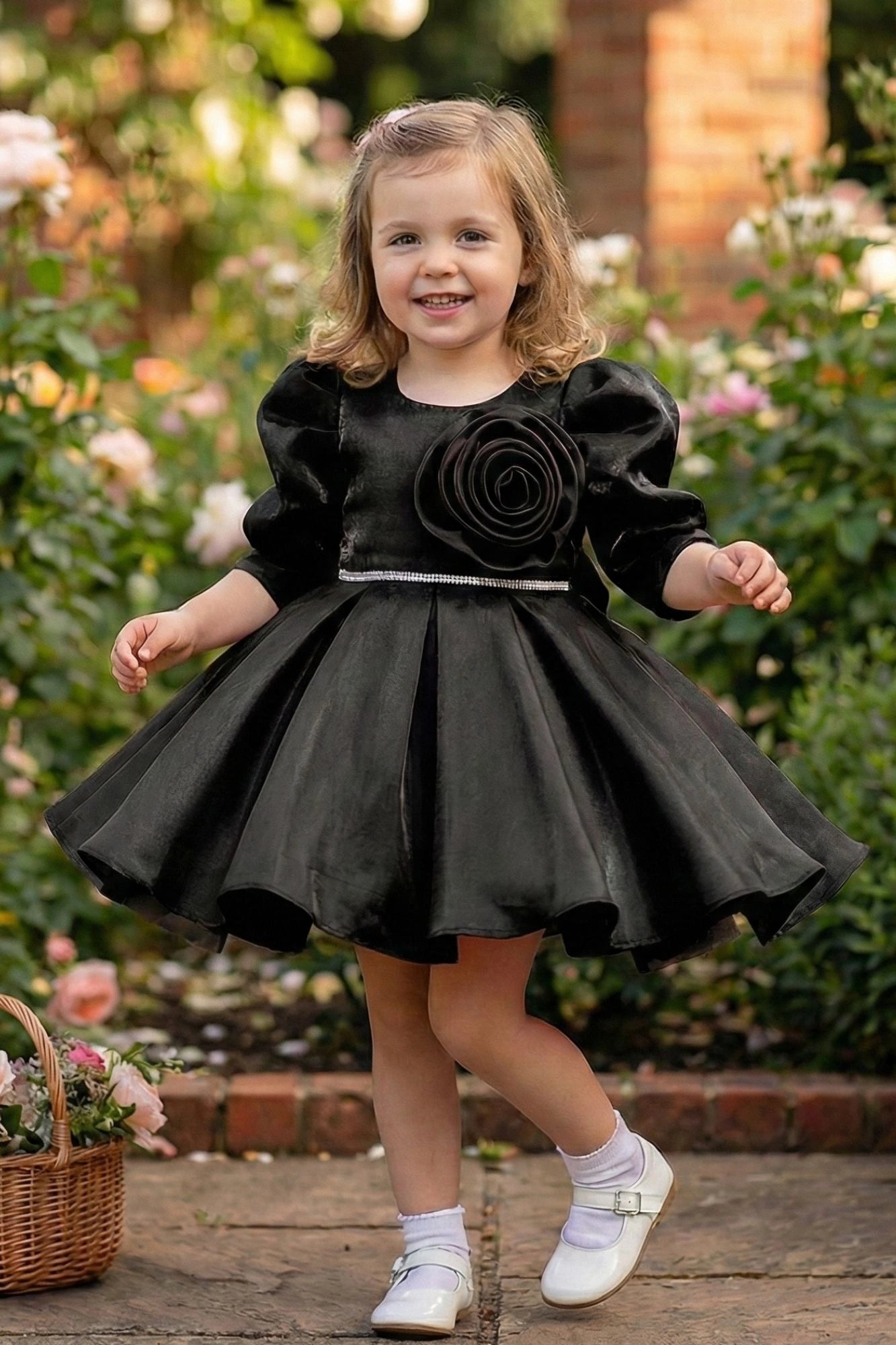 Black Party Wear Frock with Puffy Sleeves & Statement Rose Appliqué For Girls