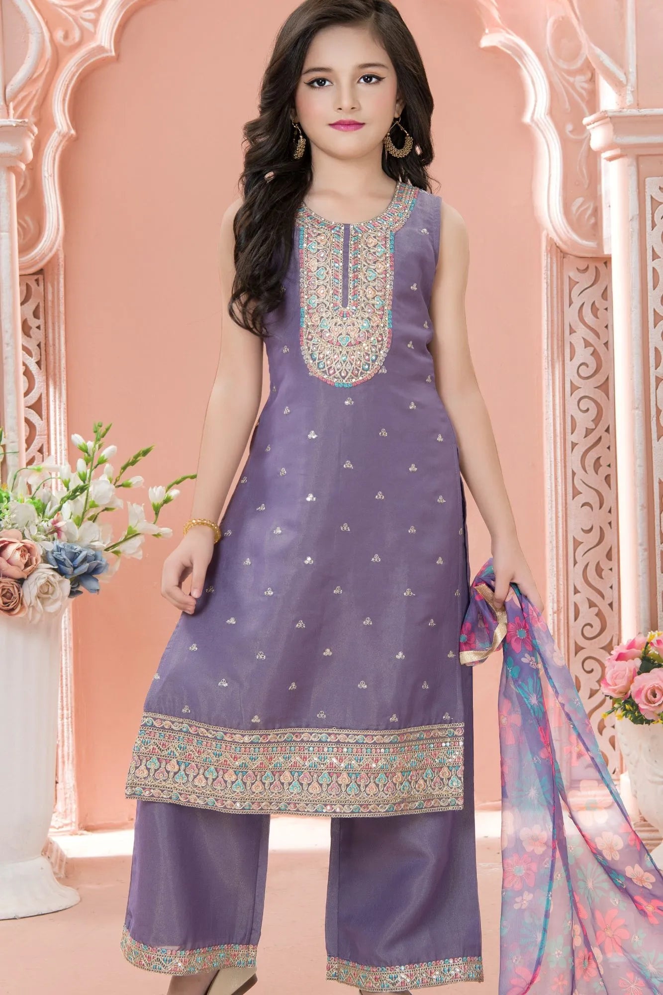 Lavender Embroidered Kurta Set with Floral Printed Dupatta For Girls