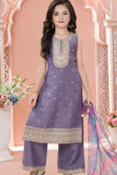 Lavender Embroidered Kurta Set with Floral Printed Dupatta For Girls