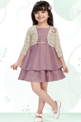 Girls Onion Pink Layered Frock With Lace Shrug And Floral Accent