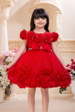 Red Floral Appliqué Party Frock For Girls