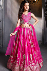 Pink Mirror Work And Zari Embroidered Lehenga Choli For Girls