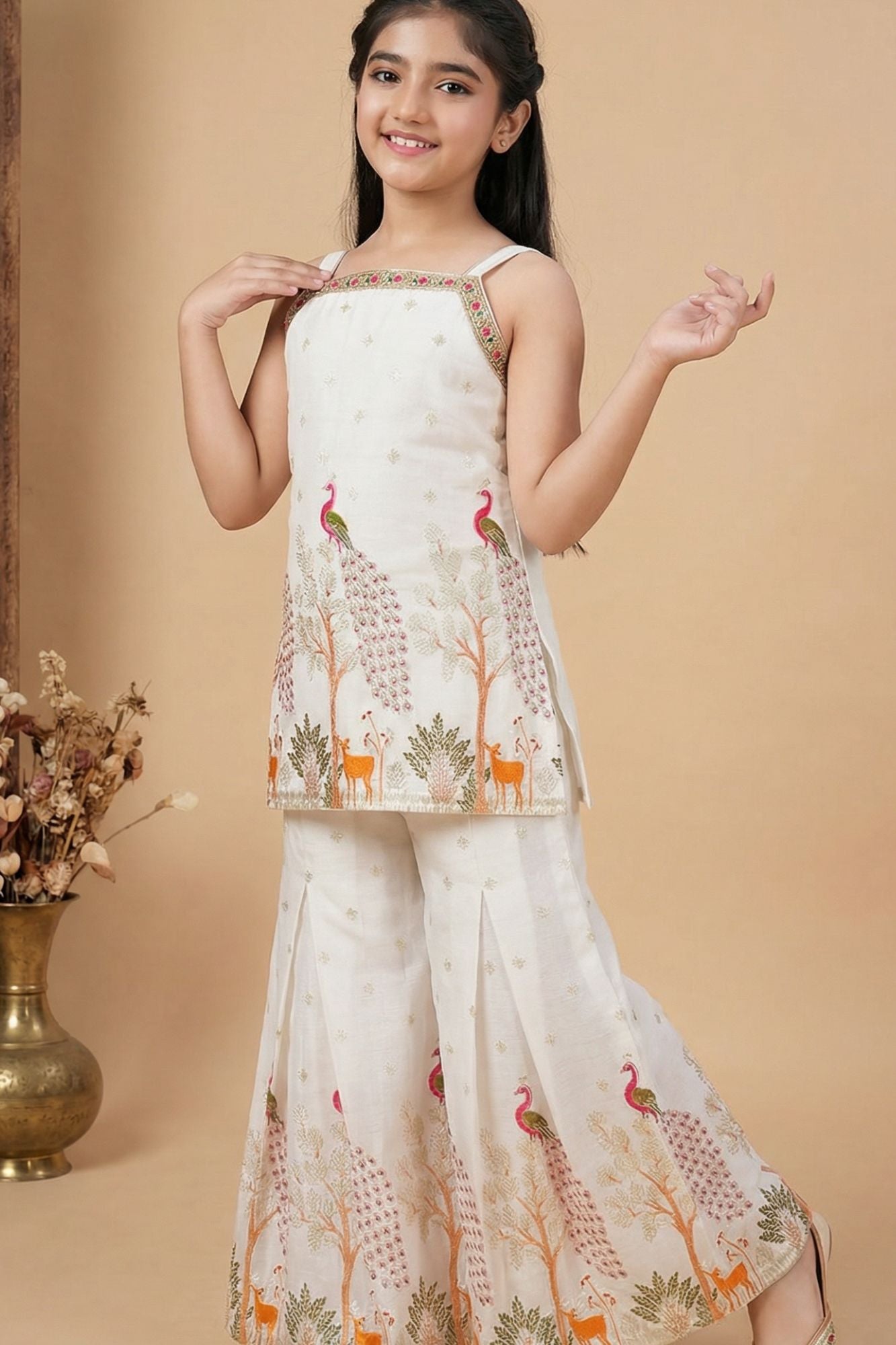 Ivory Peacock And Deer Embroidered Top And Flared Sharara Set For Girls