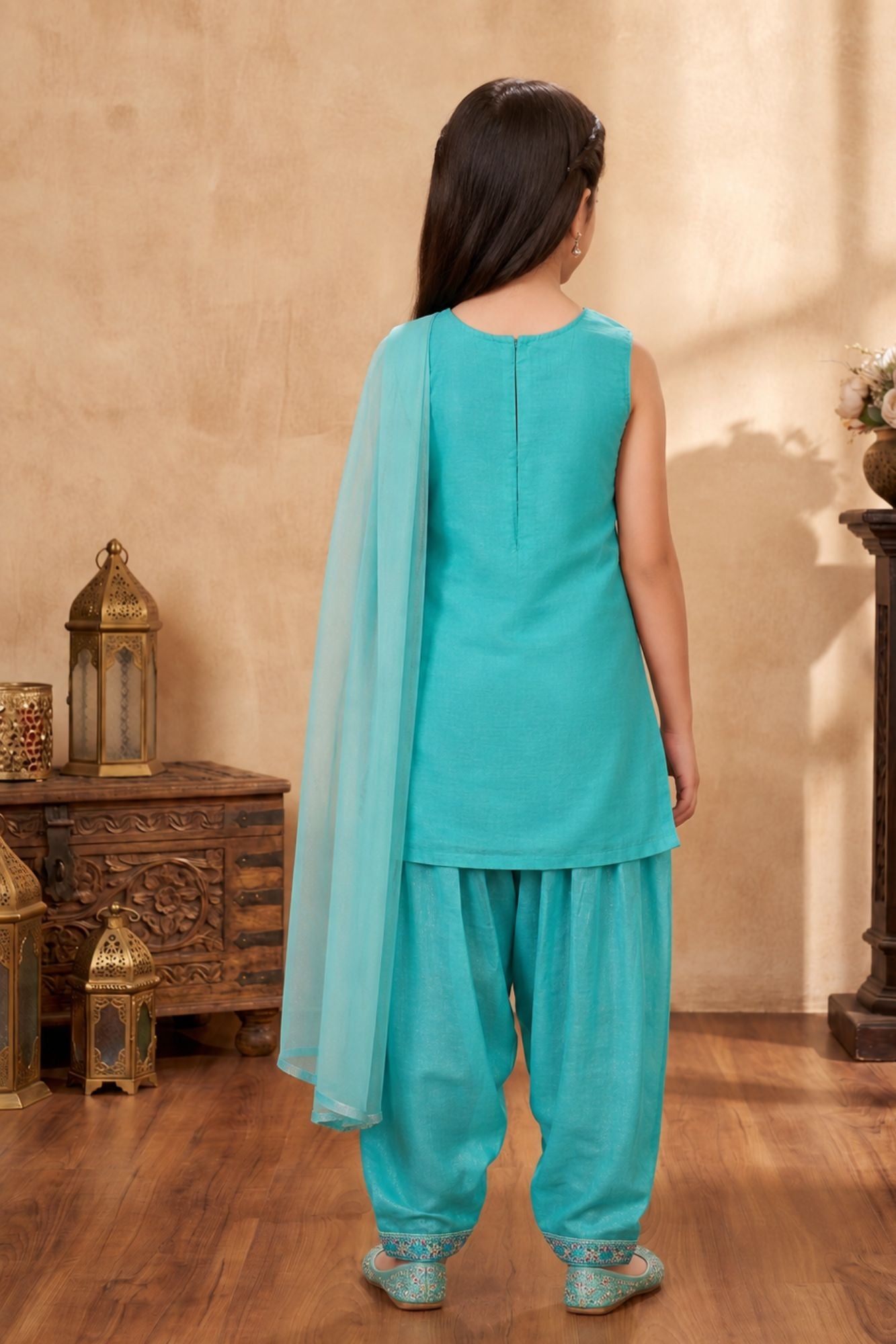 Girls Aqua Blue Embroidered Patiala Set With Dupatta