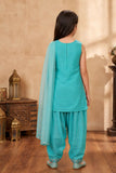Girls Aqua Blue Embroidered Patiala Set With Dupatta