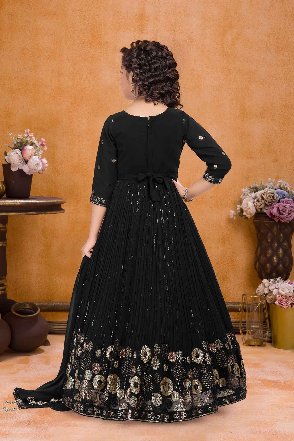 Classic Black Sequins Embroidered Ethnic Gown For Girls