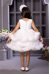 White Sleeveless With Pearl Work And Bow Embellishment Layer Frock For Girls