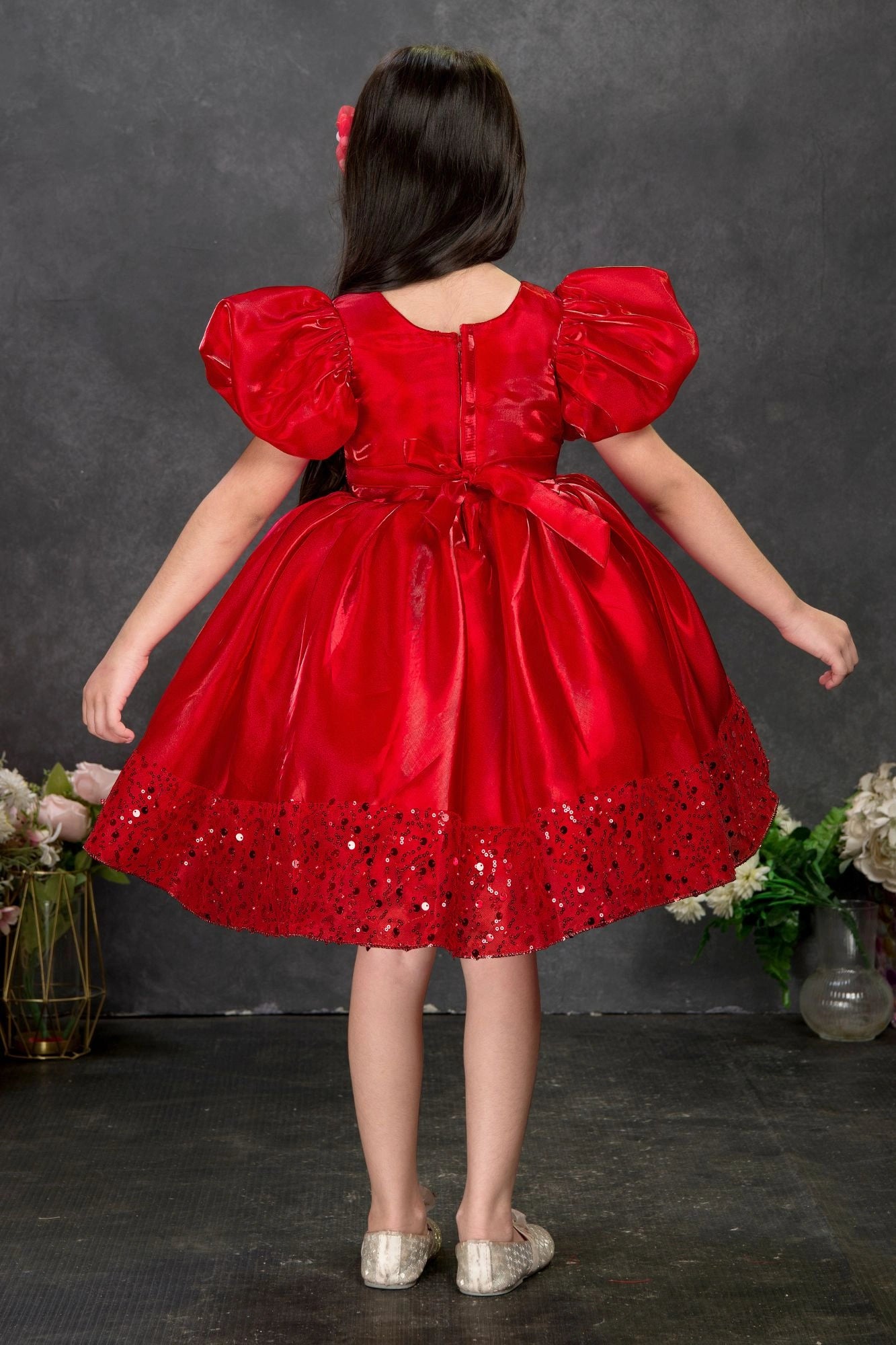 Red Sequin Party Wear Frock with Puffy Sleeves and Floral Waist Detail For Girls
