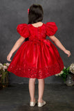 Red Sequin Party Wear Frock with Puffy Sleeves and Floral Waist Detail For Girls