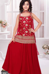 Elegant Red Embroidered Palazzo Set With Dupatta For Girls
