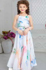 White Floral Printed And Floral Embellishment Gown For Girls