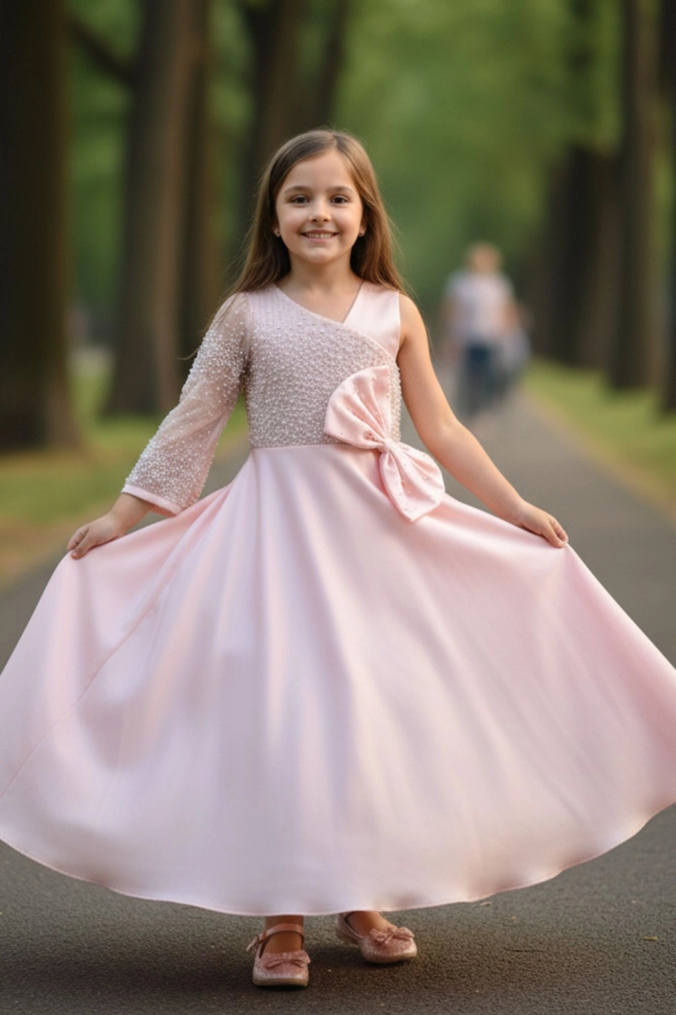 Designer Baby Pink One-Shoulder Pearl Embellished Party Gown