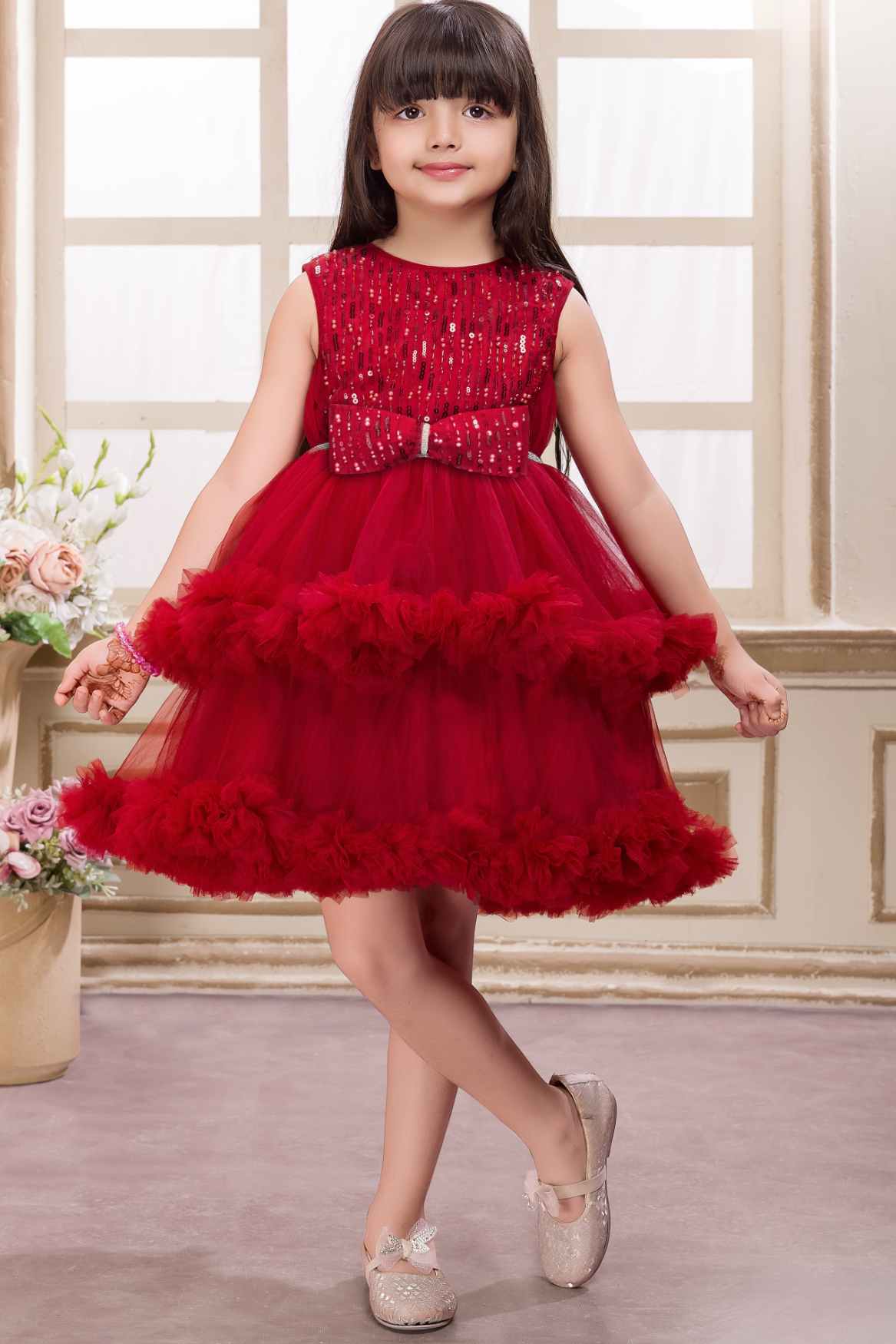 Maroon Sequin Work And Bow Embellished Party Frock For Girls