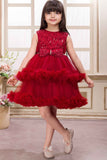 Maroon Sequin Work And Bow Embellished Party Frock For Girls