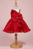 Red Embellished Party Frock with Pleated Petal Bow For Girls