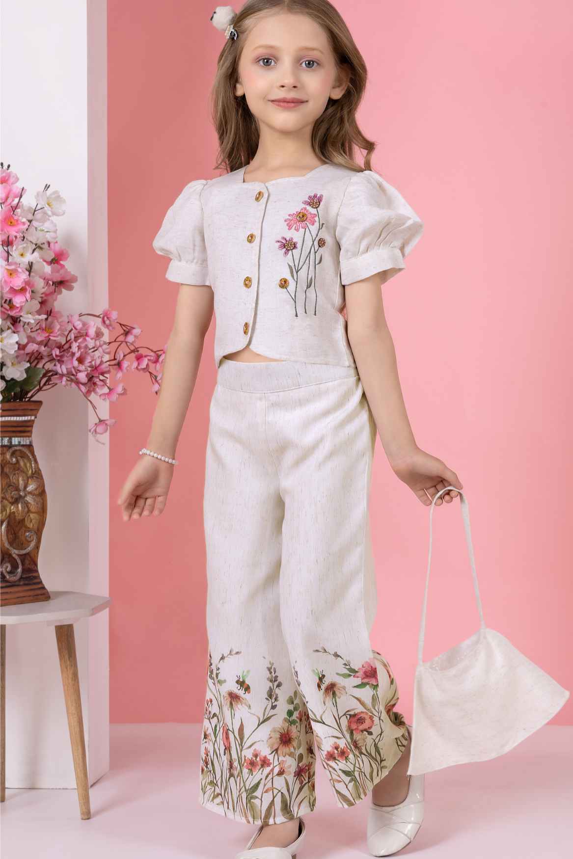 Off White Floral Printed Top and Wide Legged Pant Set With Hand Bag For Girls