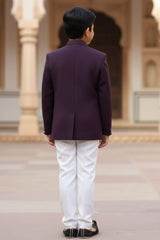 Deep Plum Embroidered Jodhpuri Suit Set with Trouser For Boys