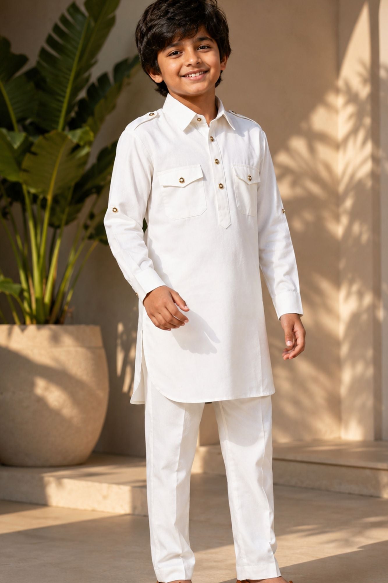 White Pathani Set  With Shirt Collar Design For Boys
