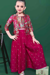 Rani Pink Zari Embroidered Palazzo Set With Overcoat  For Girls