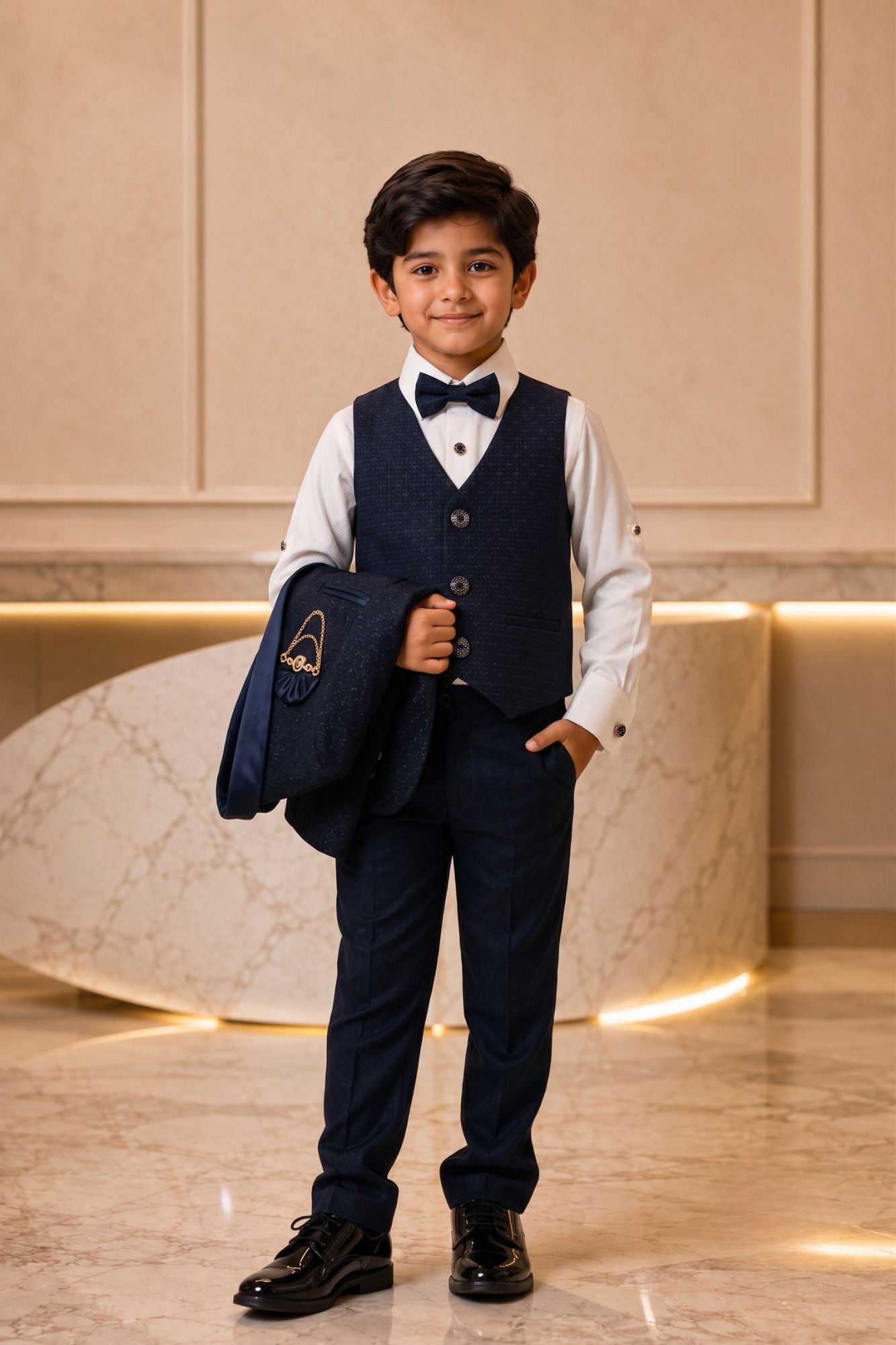 Navy Blue Textured 5 Piece Coat Suit Set with Satin Shawl Lapel and Bow Tie