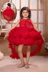 Red Sleeveless And Butterfly Embellished Tailback Frock For Girls