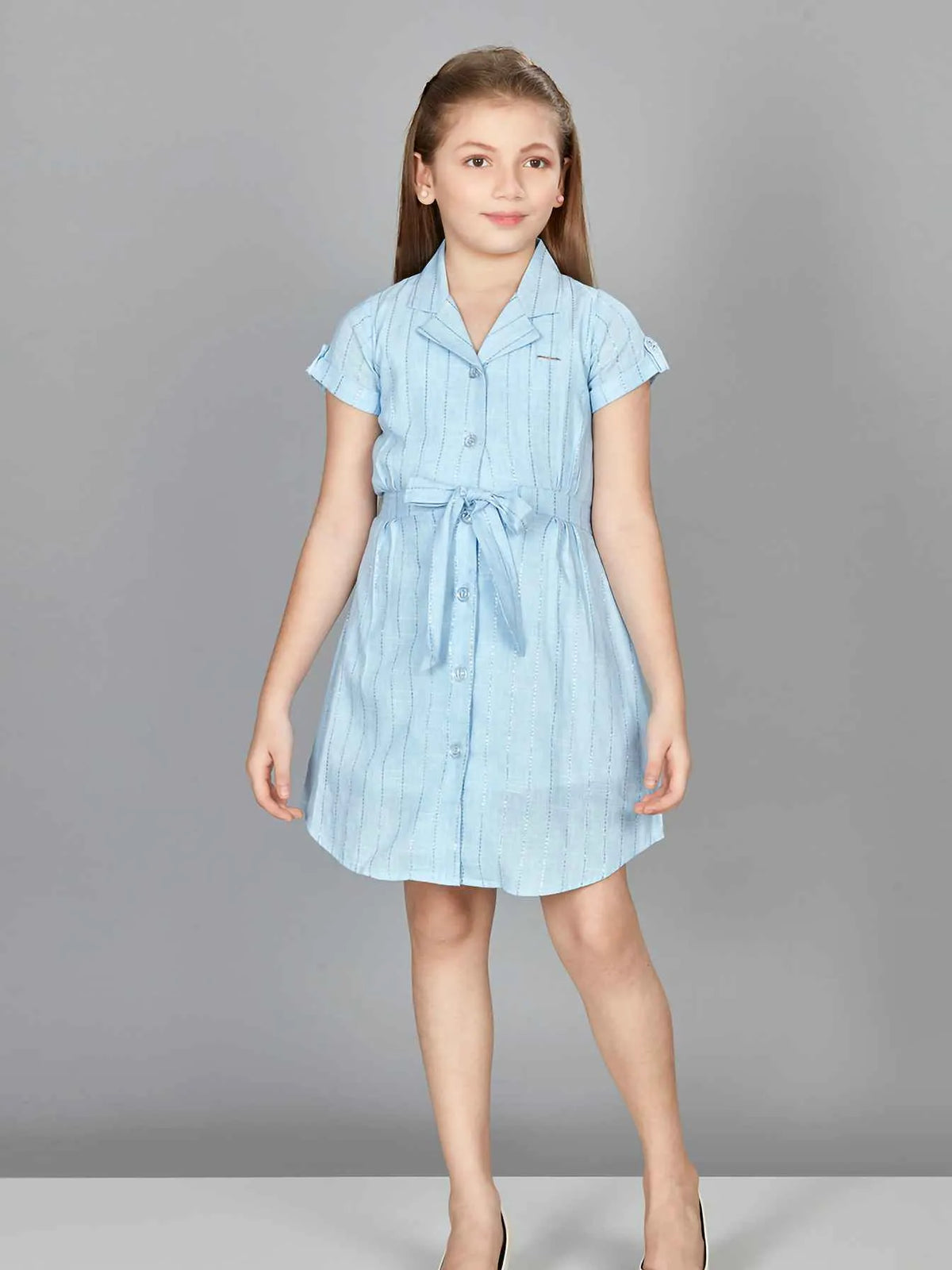Solid Light Blue Casual Shirt Dress with Waist Tie-Up for Girls