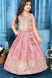 Pink Sequins Embroidered Pattu Pavadai Set For Girls