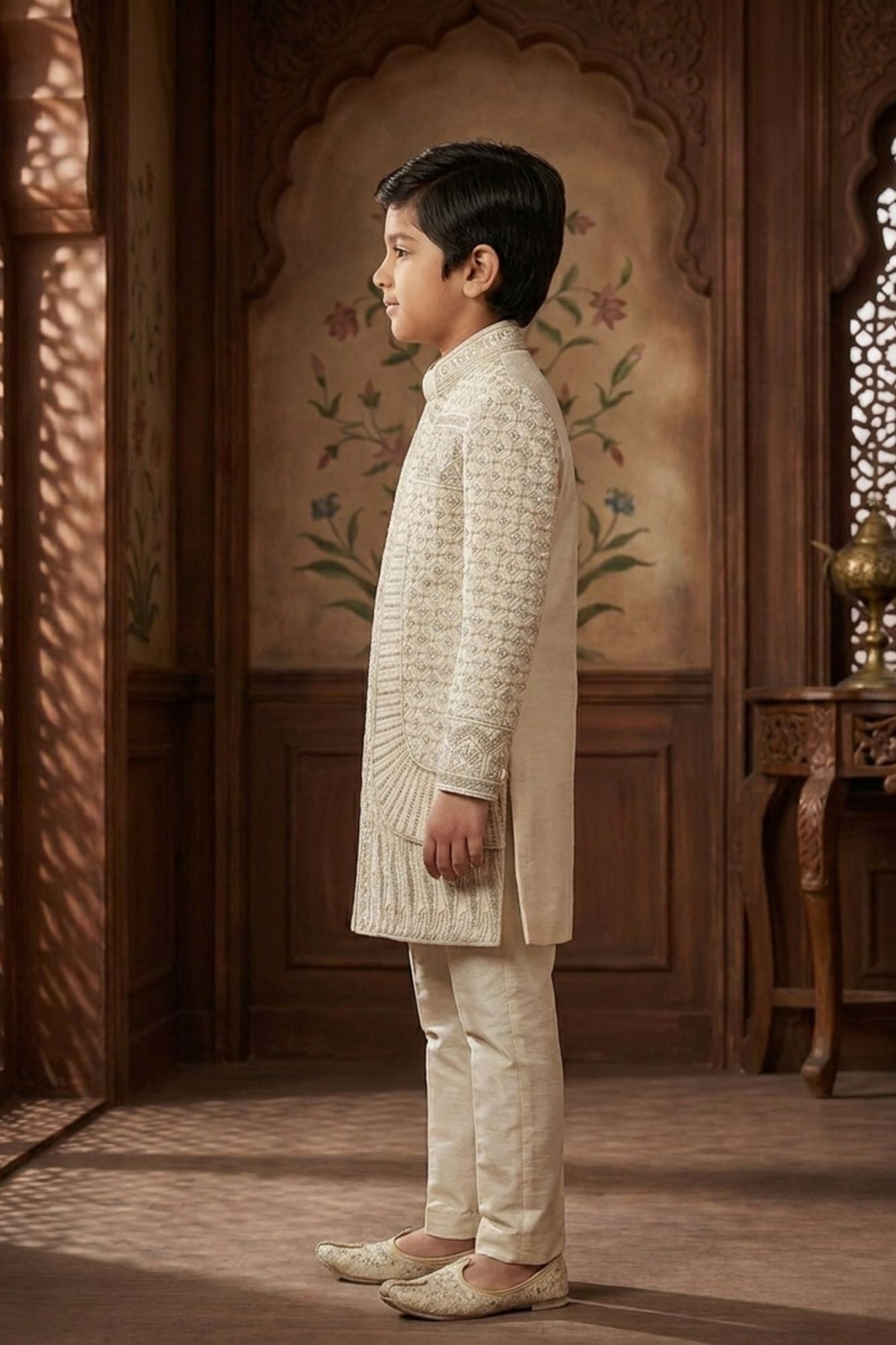 Ivory Embroidered Indo Western Sherwani Set For Boys