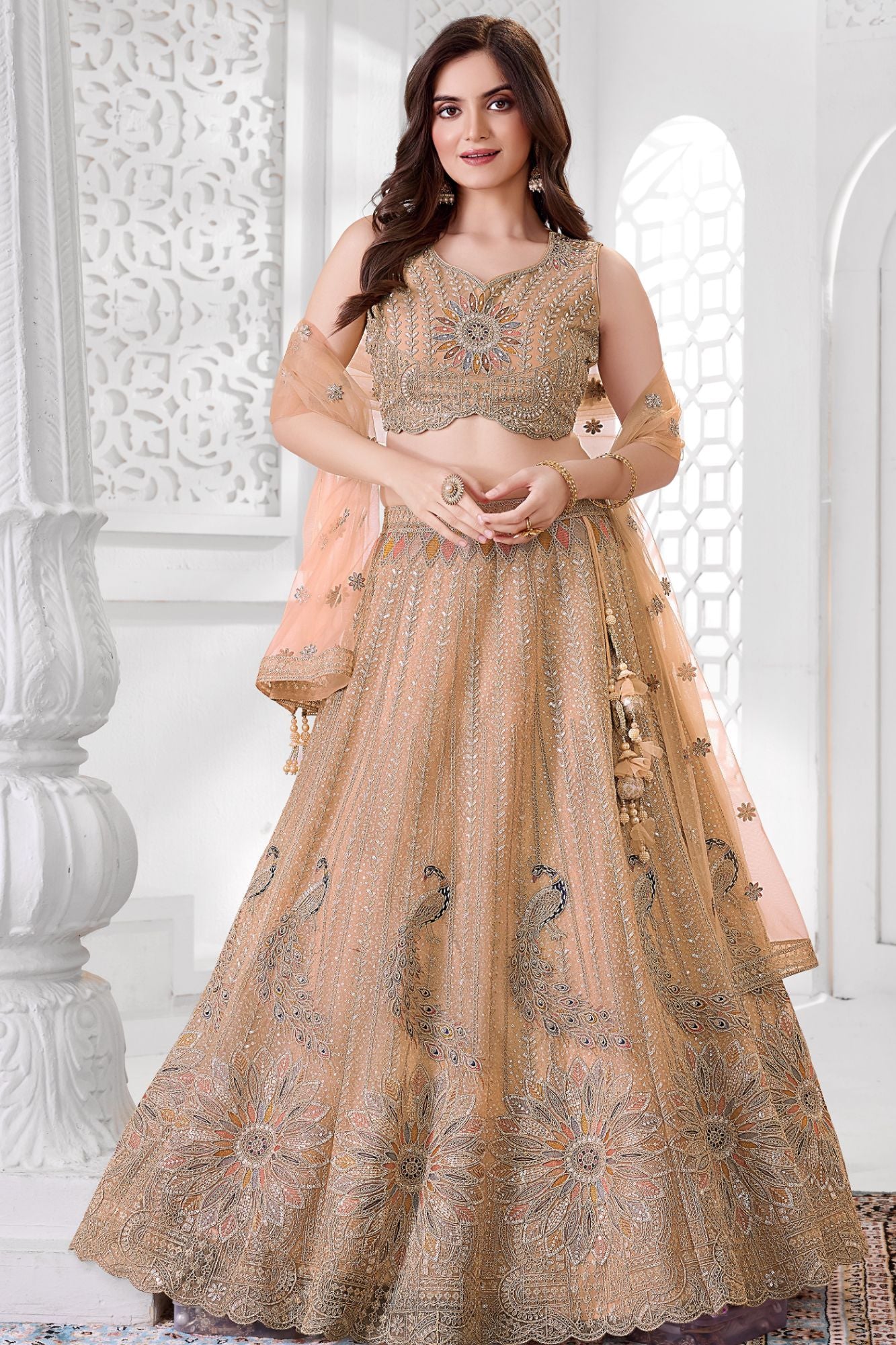 Peach Peacock And Floral Embroidered Lehenga Choli with Dupatta For Girls