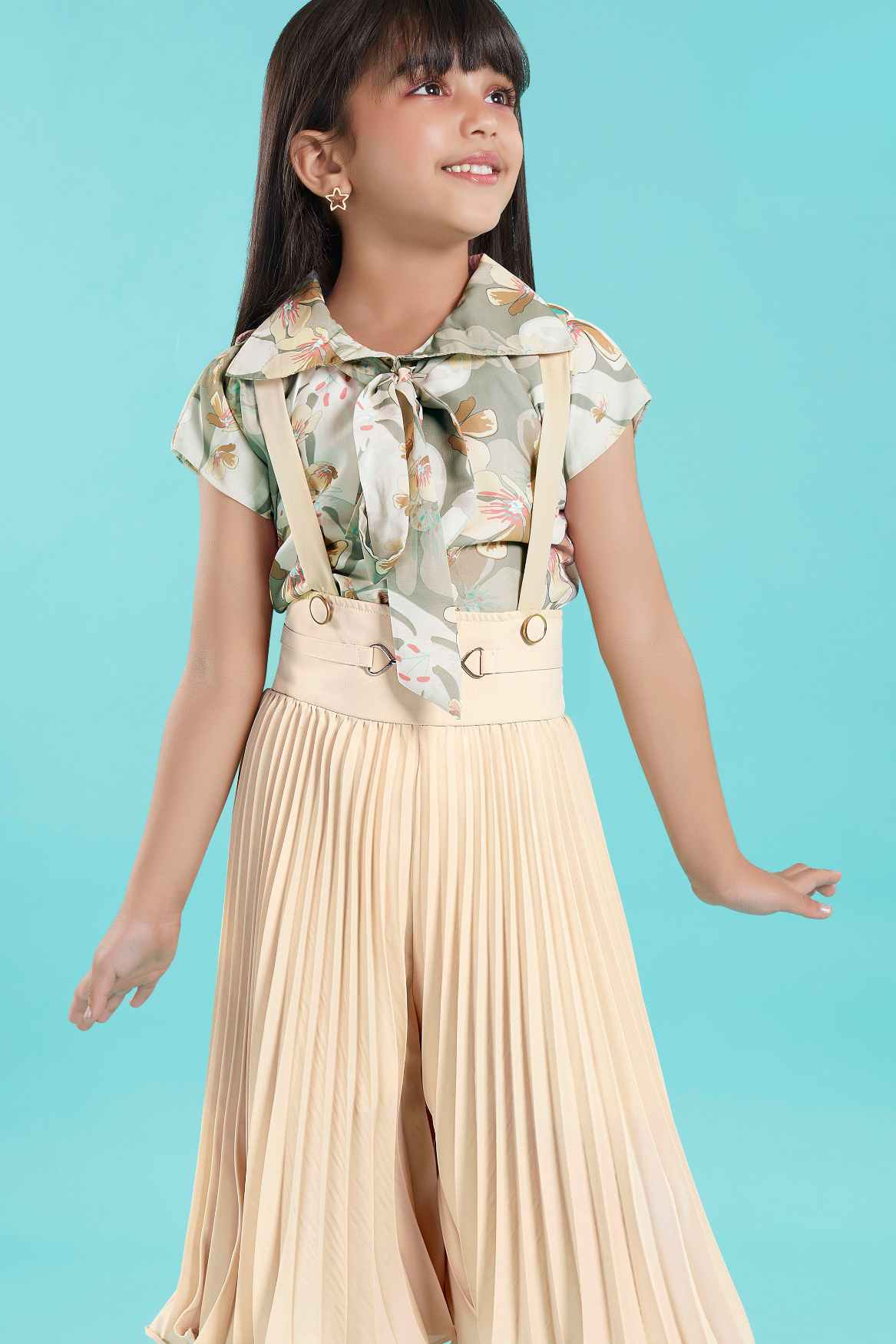 Fawn Floral Printed Shirt With Pleated Jumpsuit Set For Girls