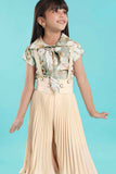Fawn Floral Printed Shirt With Pleated Jumpsuit Set For Girls
