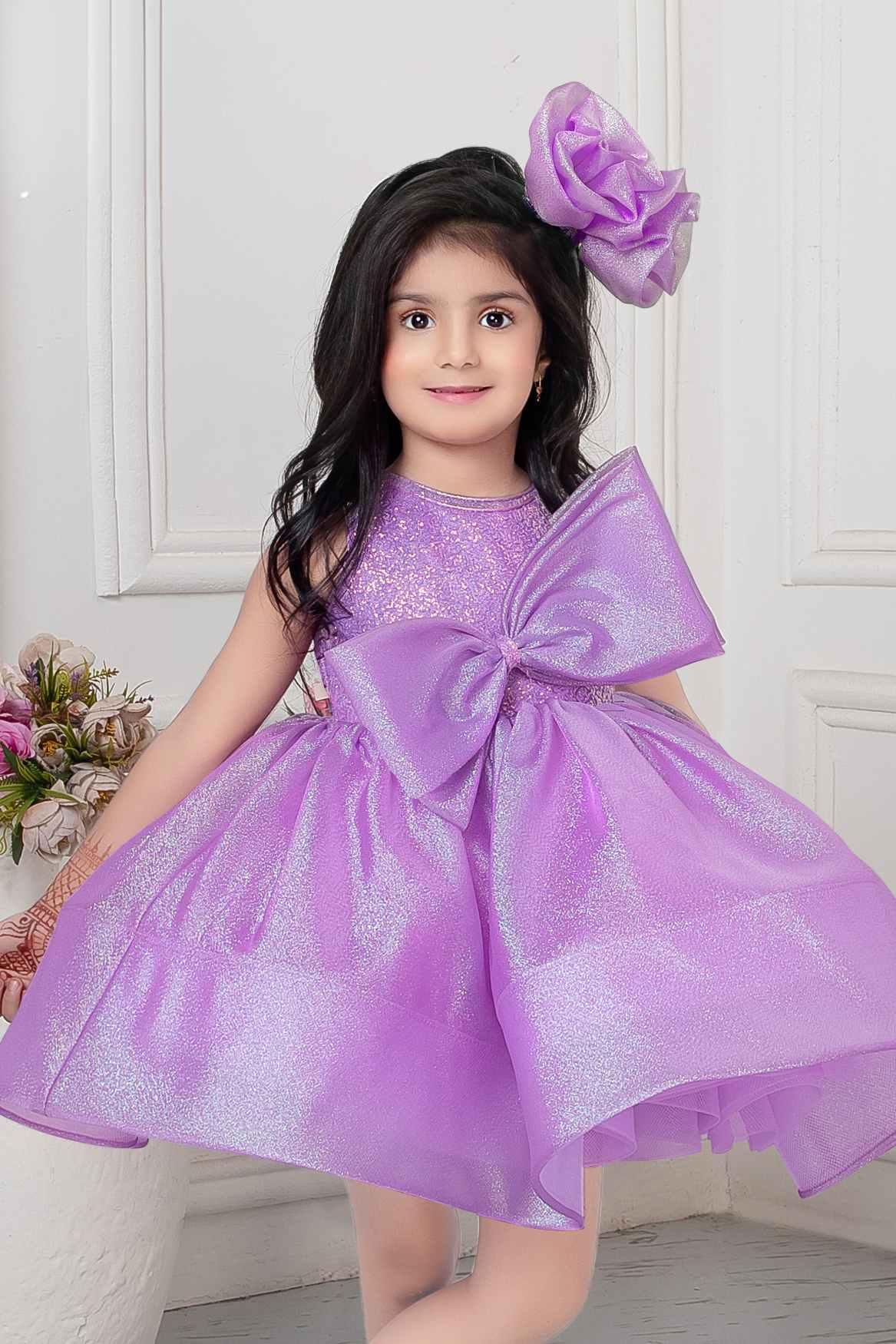 Lavender Shimmer Organza Frock With Embellished Bow For Girls - Lagorii Kids