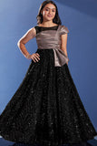 Girls Black Party Wear Gown with Metallic One-Shoulder Drape