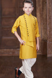 Mustard Yellow Asymmetric Kurta Set with White Pajama For Boys