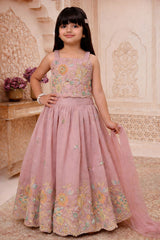 Girls Onion Pink Floral Embroidered Lehenga Choli with Dupatta